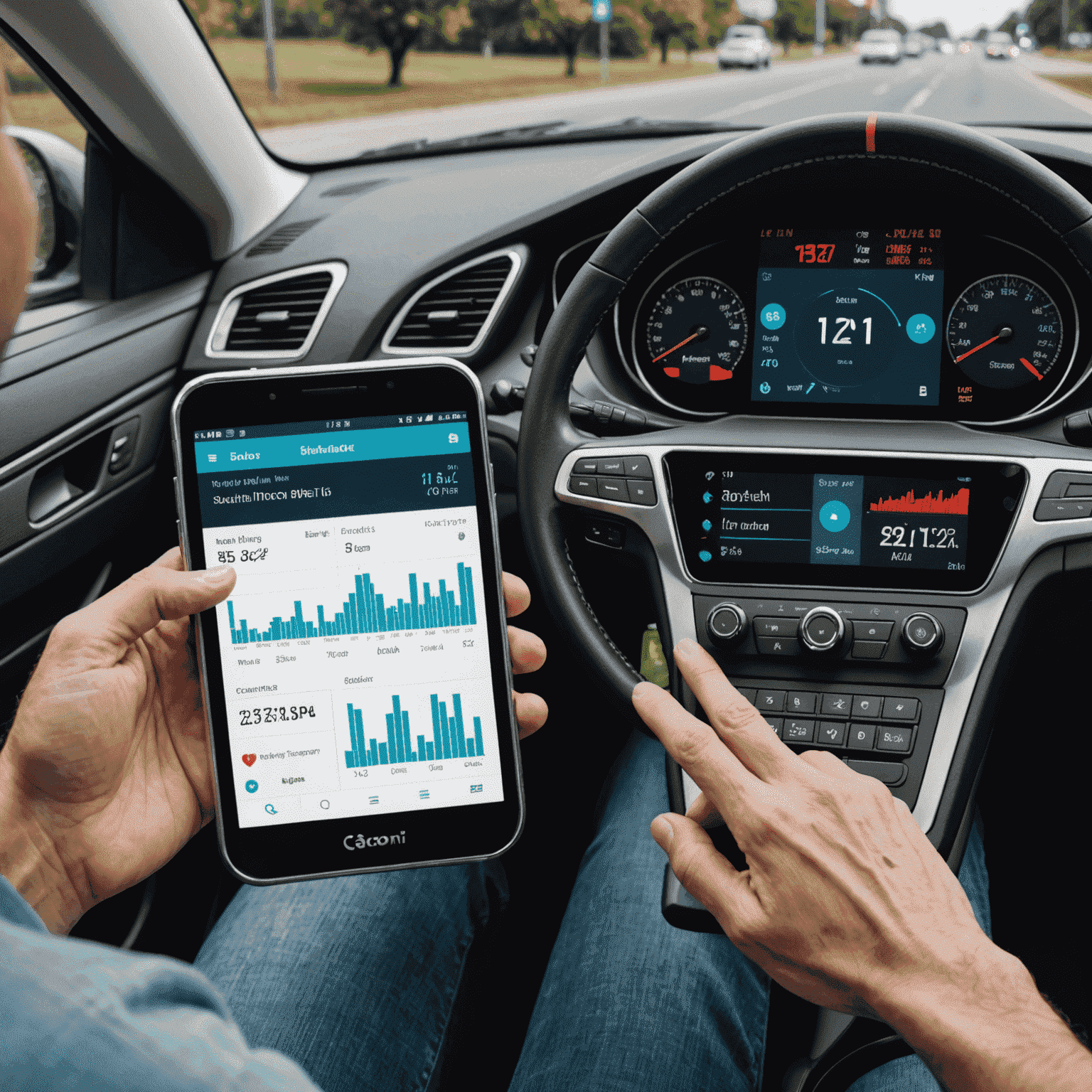 A split-screen image showing various biometric factors such as heart rate, eye movement, and driving patterns, connected to a digital insurance premium calculator