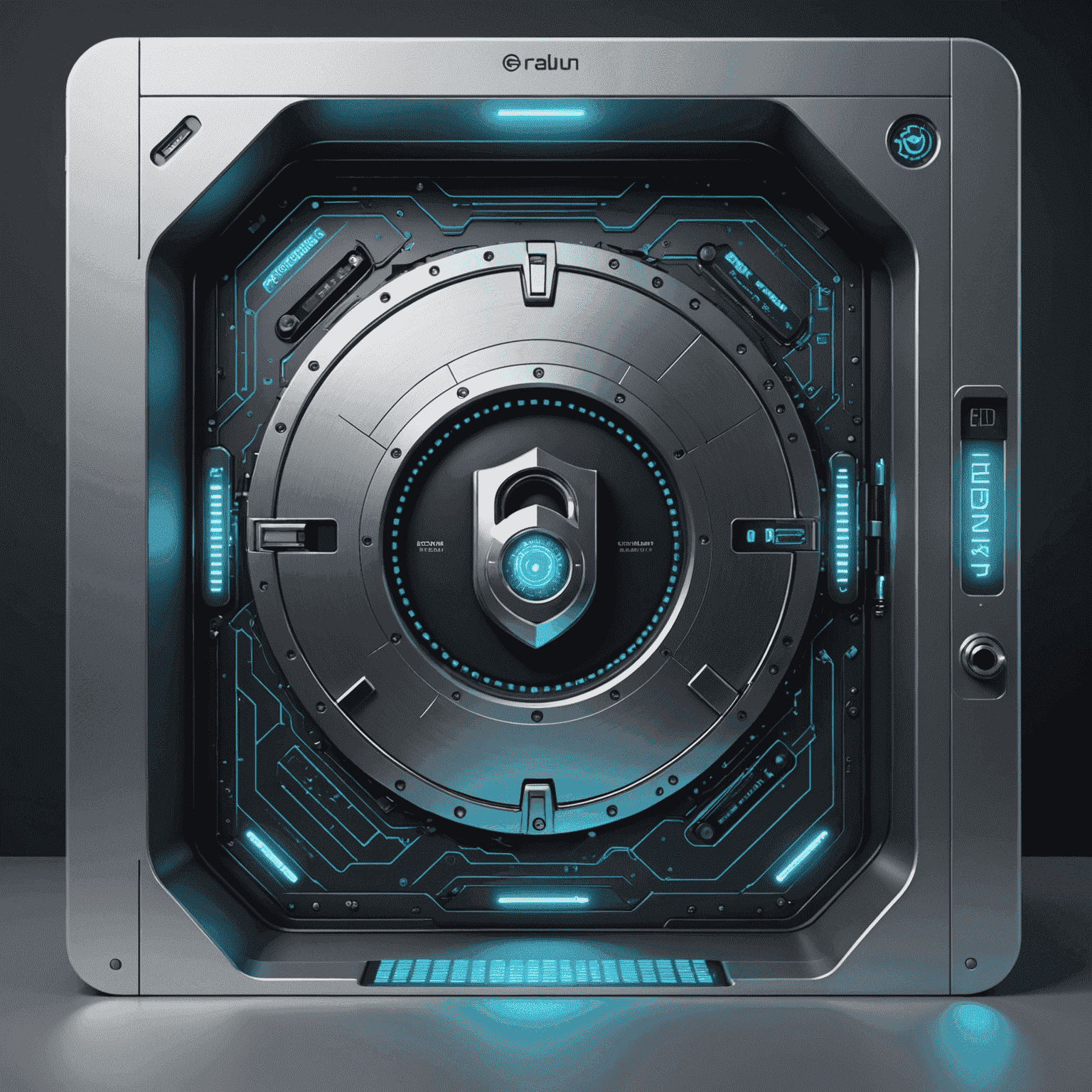 A secure vault with biometric lock, surrounded by digital shields representing data protection in the context of car insurance
