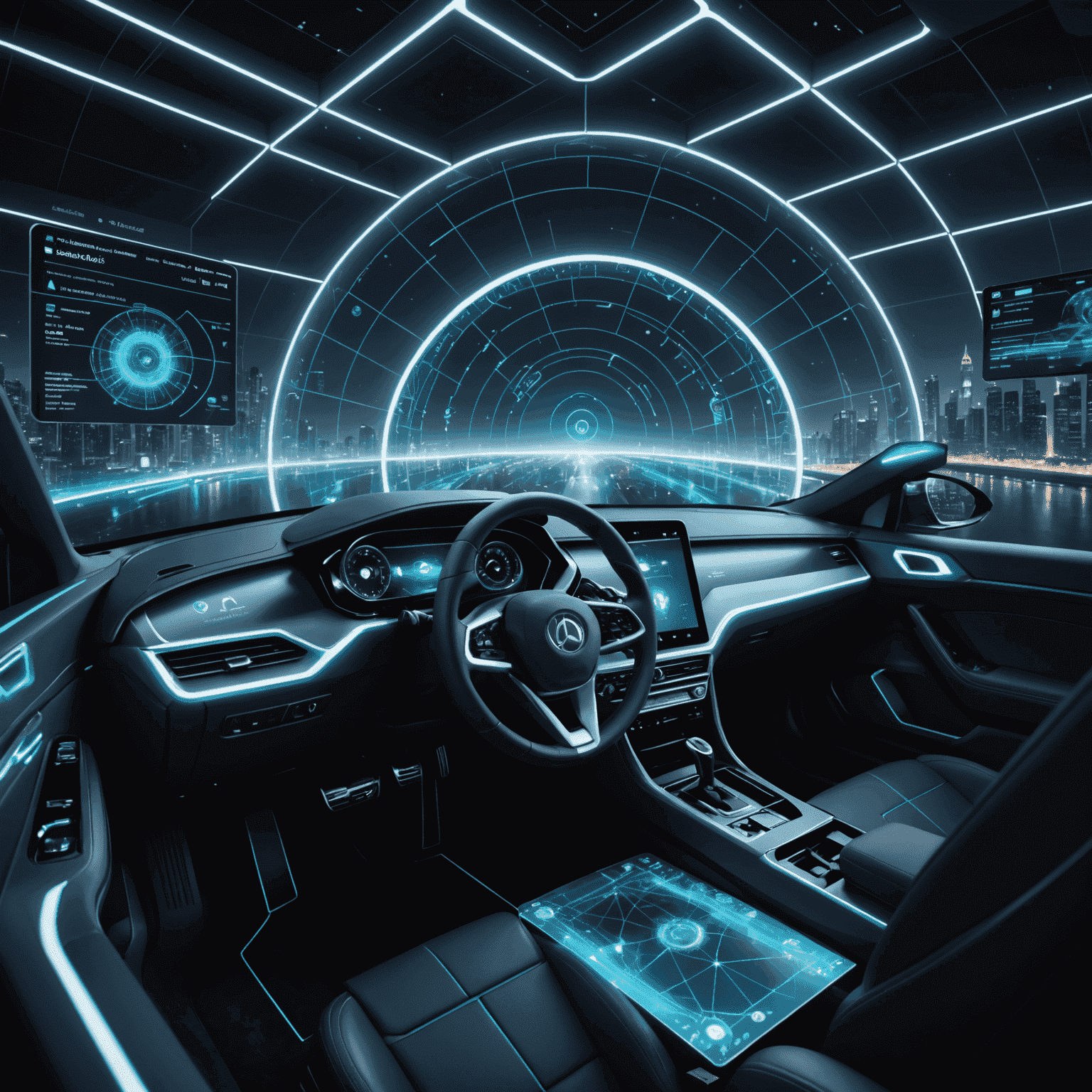 A futuristic scene with AI analyzing biometric data, connected cars, and predictive analytics graphs floating in a holographic display